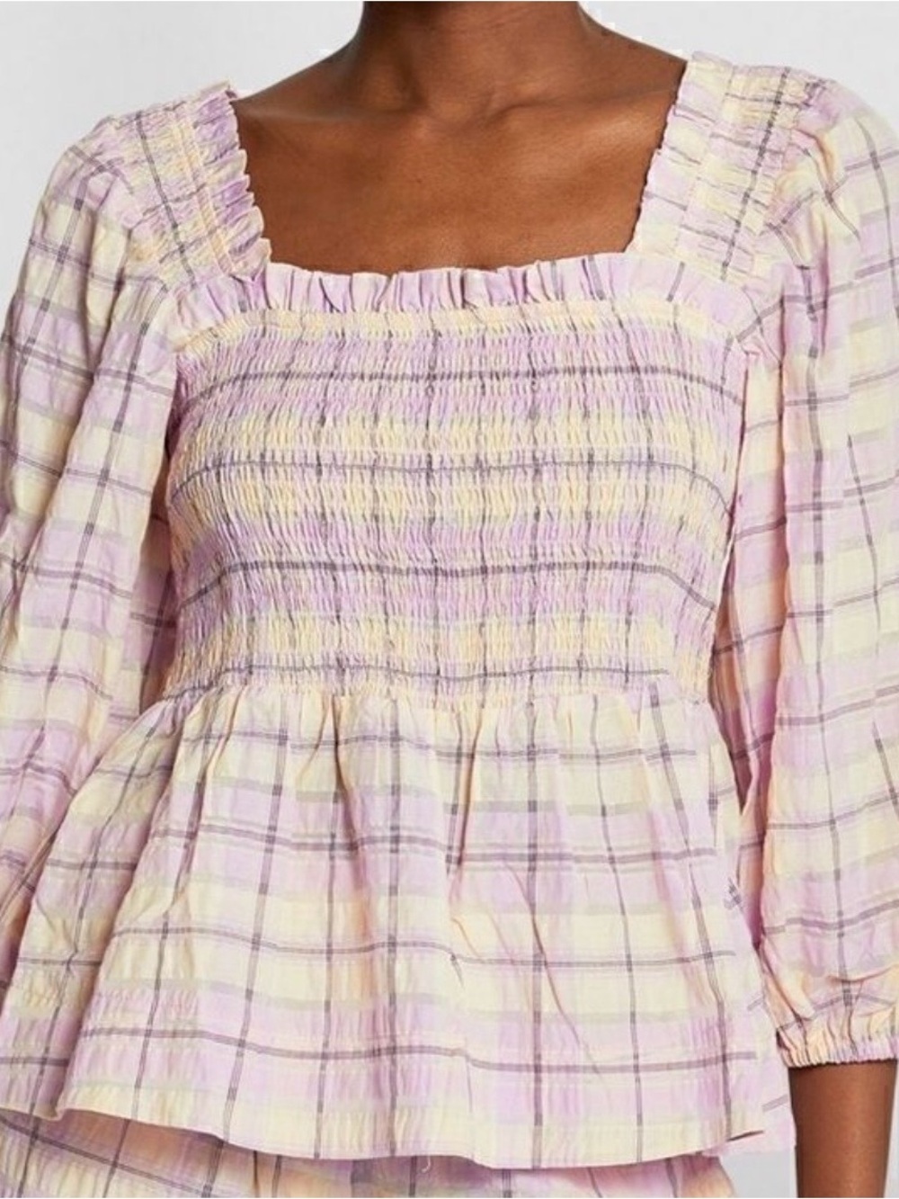 Ganni Lavender and Cream Plaid Smocked Square-Neck Top
